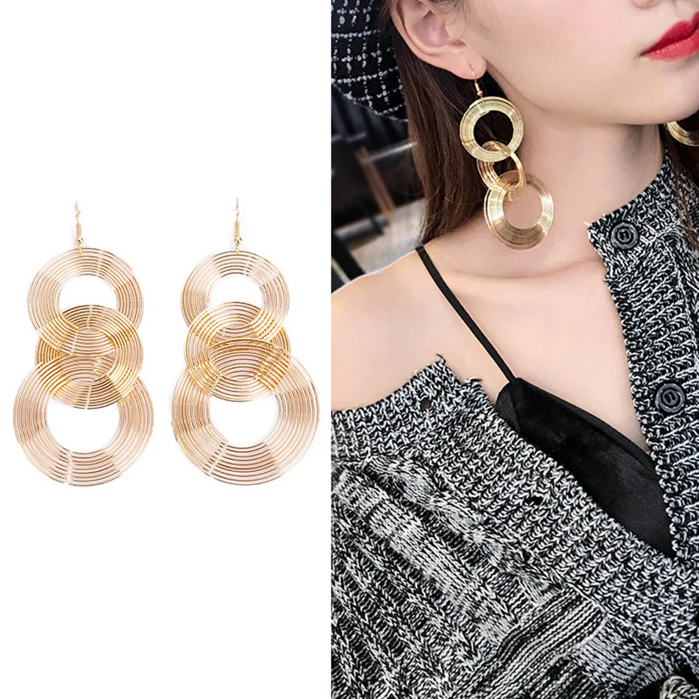 

1Pair Long Dangle Earrings For Women Punk Gold Color Big Geometric 3 Circle Bohemian Party Exaggerated Fashion Jewelry