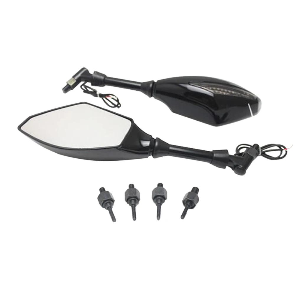 1 Pair Motorcycle Side Mirrors With LED Turn Indicator Light 8mm/10mm Adapters Plastic Shell