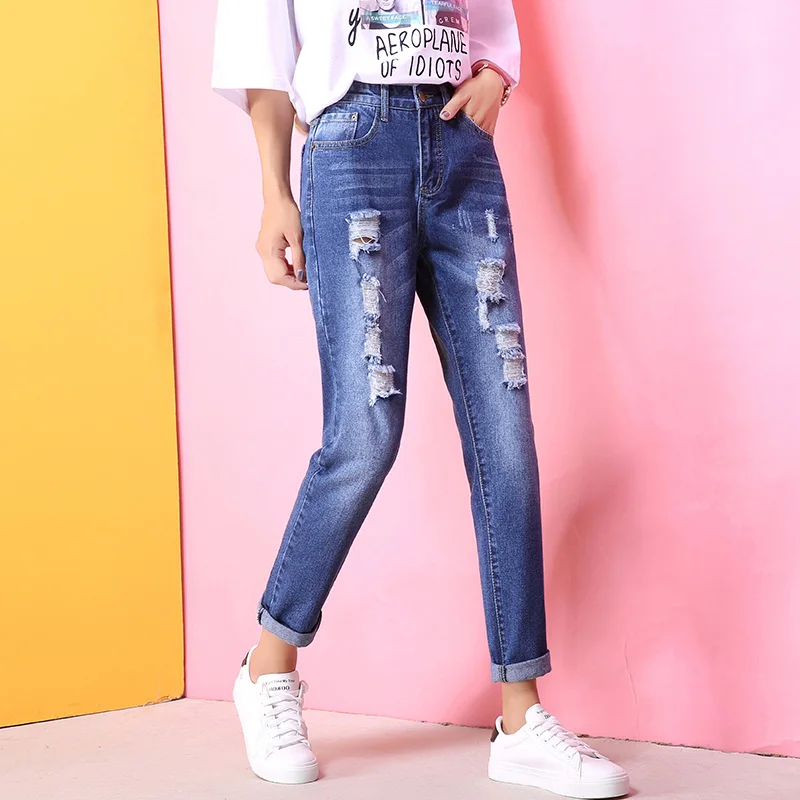 Fashion Holes High Waisted Mom Jeans Retro Solid Washed Denim Scratched Straight Plus Size Pants Women Ankle Length Trousers