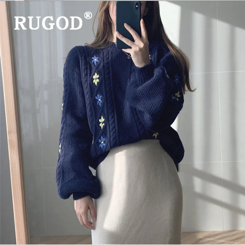 RUGOD, корейский Шикарный свитер, пуловеры для женщин, круглый вырез, Цветочная вышивка, мягкая туника, рукав-фонарик, вязаный свитер, Осенний теплый