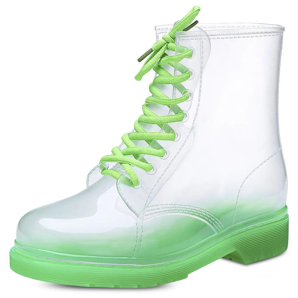 Aleafalling Women Rain Boots Mature Lady Lace Up Waterproof Lady Shoes Transparent Candy Color Ankle Outdoor Girl's Shoes - Цвет: Зеленый