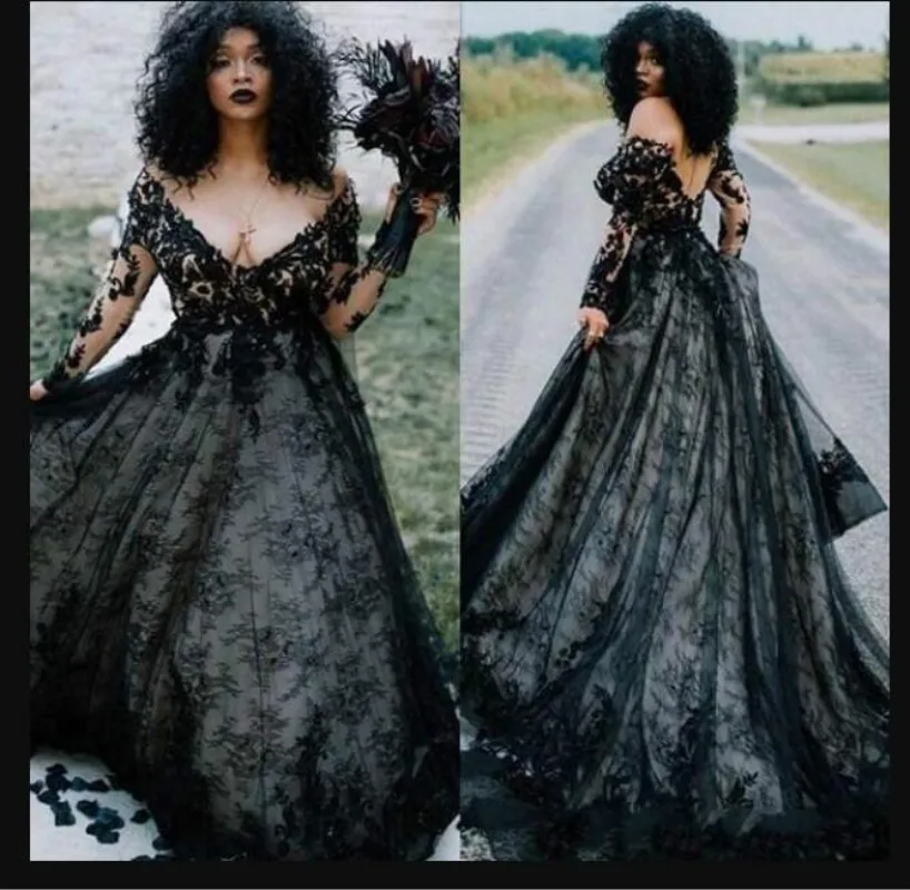 2020 Plus Size Goth Country Black Wedding Dresses Sexy V Neck Long Sleeve Sweep Train Bridal Gowns Applique A Line Wedding Gowns - Wedding Dresses - AliExpress