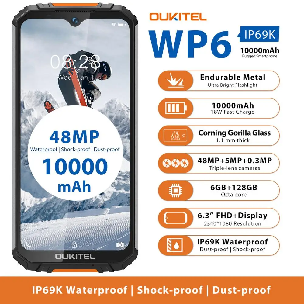 OUKITEL WP6 IP68 sağlam su geçirmez Smartphone MT6771T Octa çekirdek 9V/2A 10000mAh pil 48MP üçlü kamera 6GB 128GB cep telefonu