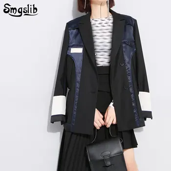 

2019 Women Coat jacket Streetwear turn-down Collar Long Sleeve Hit Color Split Joint Loose Personalit Loose Fashion Tide