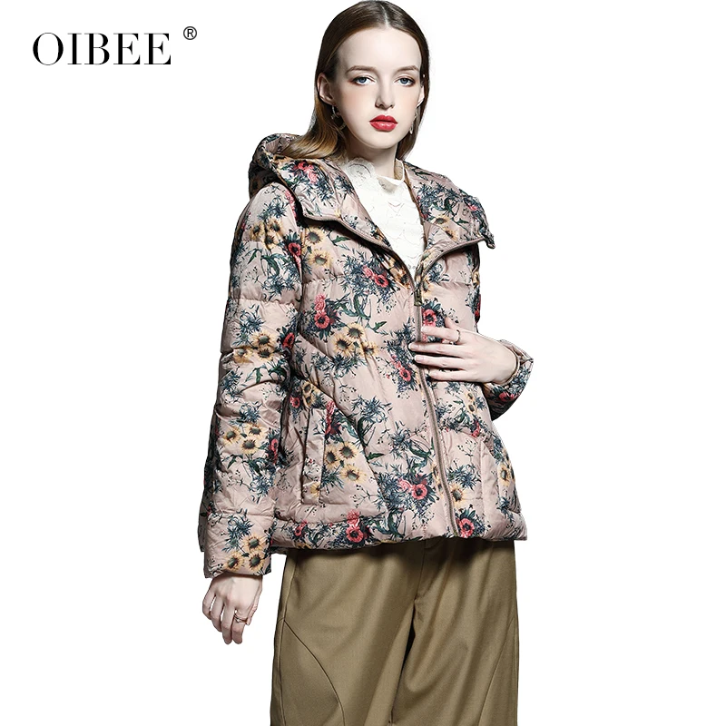 OIBEE2019 осенняя и зимняя женская новая свободная повседневная короткая куртка-пуховик с капюшоном модная короткая женская куртка с принтом