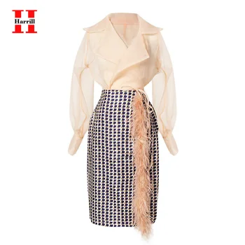 

2PCS Clothes Set Women Turn-down Collar Bandage Perspective Chiffon Blouse Tops Feather Tassel Skirts Set Office Ladies Clothing