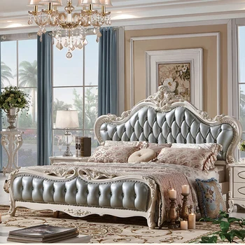 

Luxury Antique European Design Upholstered Leather Wooden Carving King Size Bed