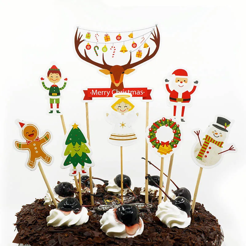 

Decoration Merry Christmas Party Paperboard Santa Claus/Christmas Tree Design Cupcake Cake DIY Toppers With Sticks