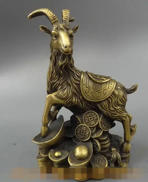 S03334 Chinese Bronze FengShui Wealth Year Zodiac Sheep Goat On Coin YuanBao Statue Set B0403 | Дом и сад