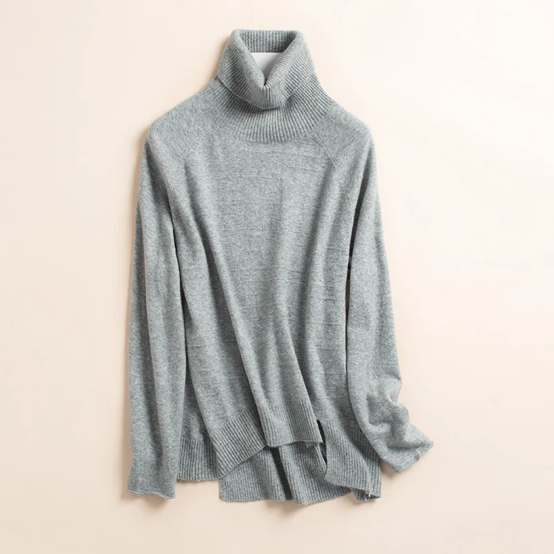 light grey С высоким воротником, женский свитер, пуловер свободные короткие утепленная рубашка на осень и зиму, разделение кашемировый свитер джемпер - Цвет: light grey
