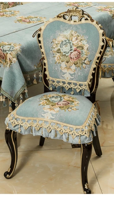 European Luxury Chair Cover Beige Blue Jacquard Fabric Non Slip