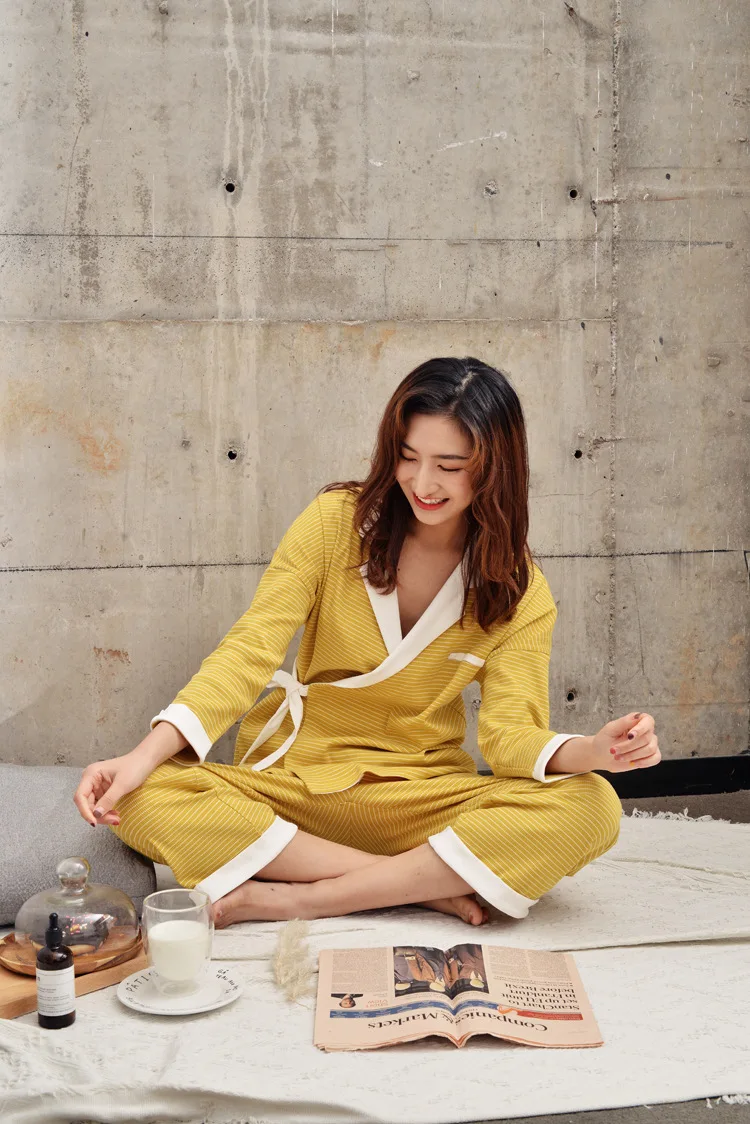 Spring New Pajamas Female Long-sleeved Trousers Cotton Pyjamas Women Striped V-Neck Kimono Couple Pajamas Casual Home Sleepwear