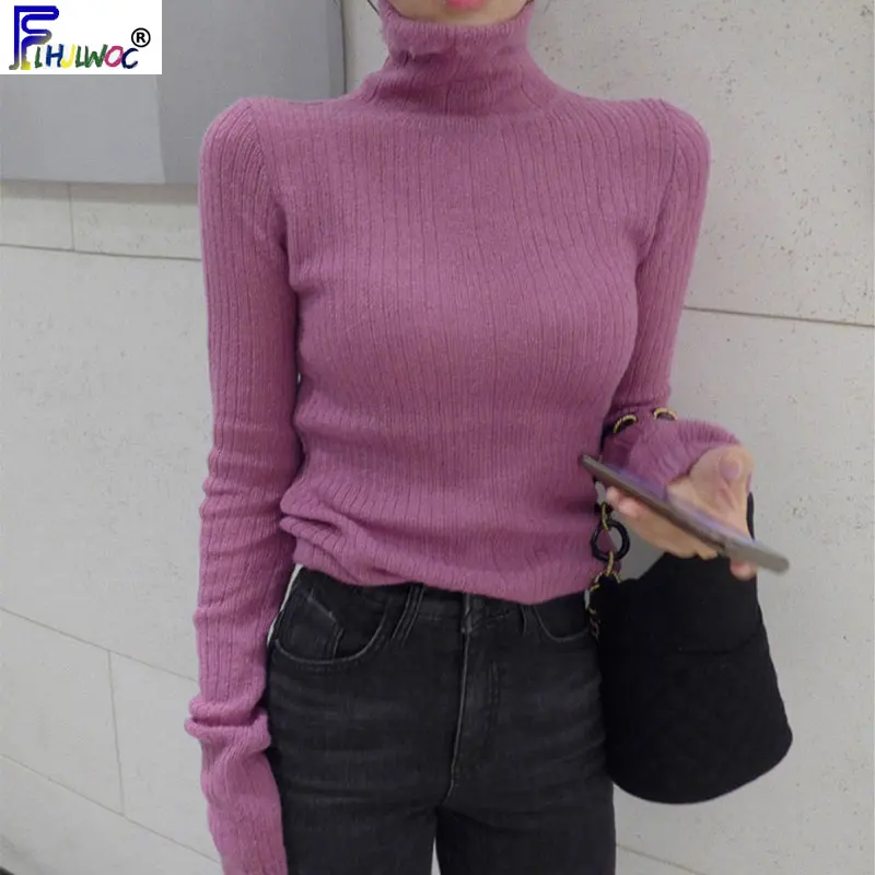 

Winter Spring Basic Wear Pullovers Tops Women Korea Japan Style Vintage Knit Pullover Turtleneck Sweater White Pink 9026