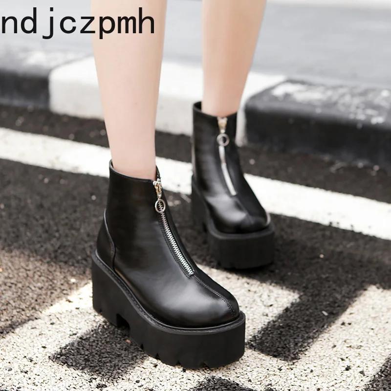 

Boots Women Spring and Autumn Round Head The New Fashion Zipper Wedge High Heel Short Tube Women's Shoes Plus Size 33-43 Black
