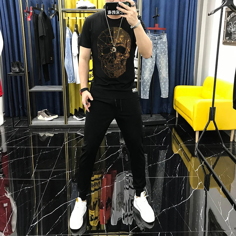 Men's T-Shirt Summer Lightweight Hip Hop Slim Tracksuit Skull Diamond Sets Brand Short Sleeve Jogging
