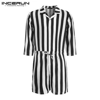 

Men Jumpsuit Romper Striped High Street Casual Playsuit 3/4 Sleeve Lapel Pants 2019 Stylish Lace Up Men Overalls INCERUN S-5XL