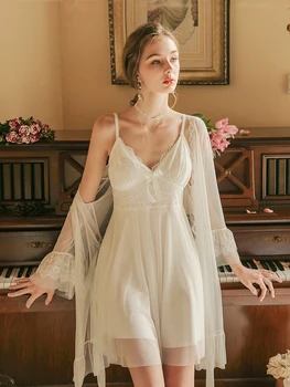 

Women nighties Robe Sets Sexy Lace Sleepwear Lounge Pijama Long Sleeve Ladies Nightwear Bathrobe Night Dress With Chest Pads
