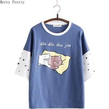 

Cartoon Print Summer T-shirt Korean Style Round Neck Short Sleeve Women Cotton T-Shirts Loose Ins Tops Casual Camisetas Mujer