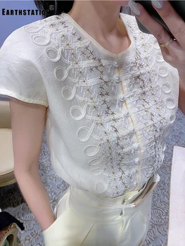 

Free shipping heavy craft embroidery geometric pattern buckle retro shirt ladies summer new fashion personality wild