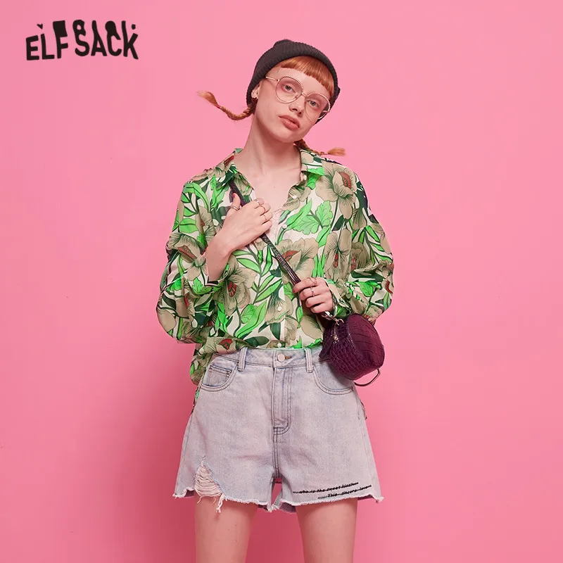 ELFSACK зеленая женская блузка с цветочным принтом в стиле бохо осень 2019 шифоновые