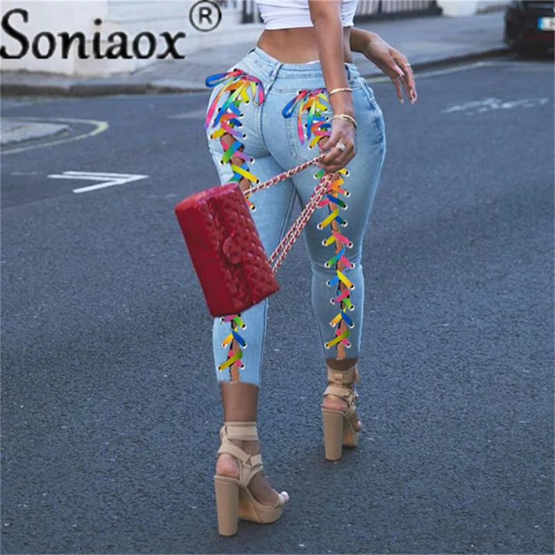 sexy bandagem rendas até grommet denim calças femininas azul cintura alta lápis calças de brim magro bodycon buraco rua rasgado