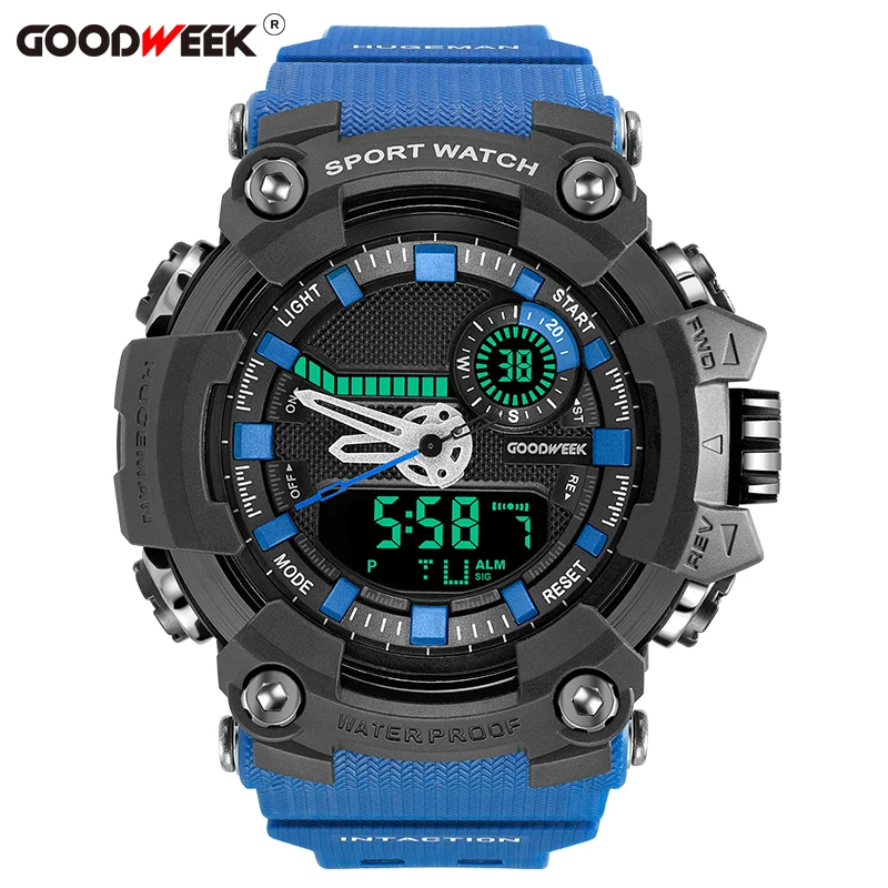

GOODWEEK Digtial Waterproof Man Sport Watch Led Multifunctional Army Military Quartz Watch G Style Dual Dispaly Watches Relogio