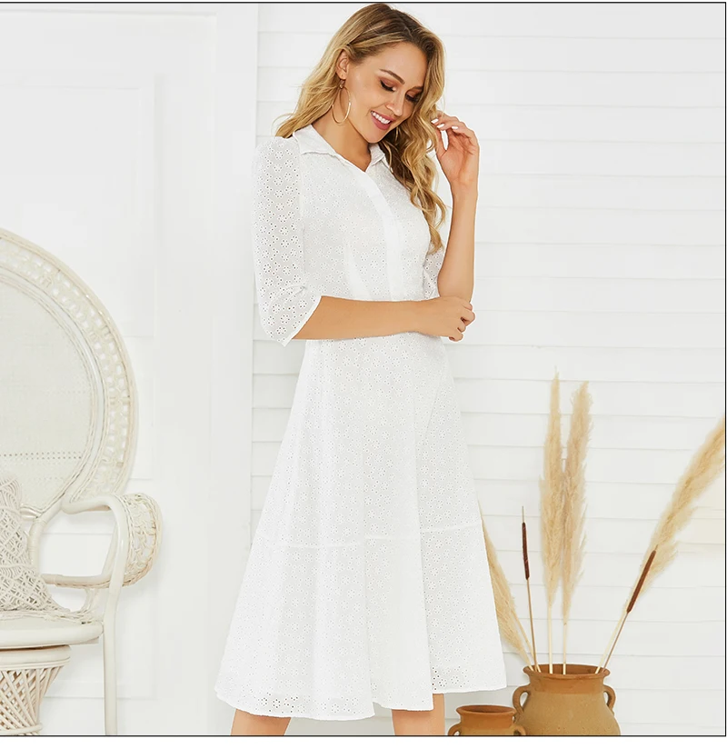 S. טעם 2020 אביב נשים כותנה שמלה אלגנטי הולו מתוך לבן תורו למטה צווארון Midi Vestidos דה אלגנטי נשים קיץ שמלות