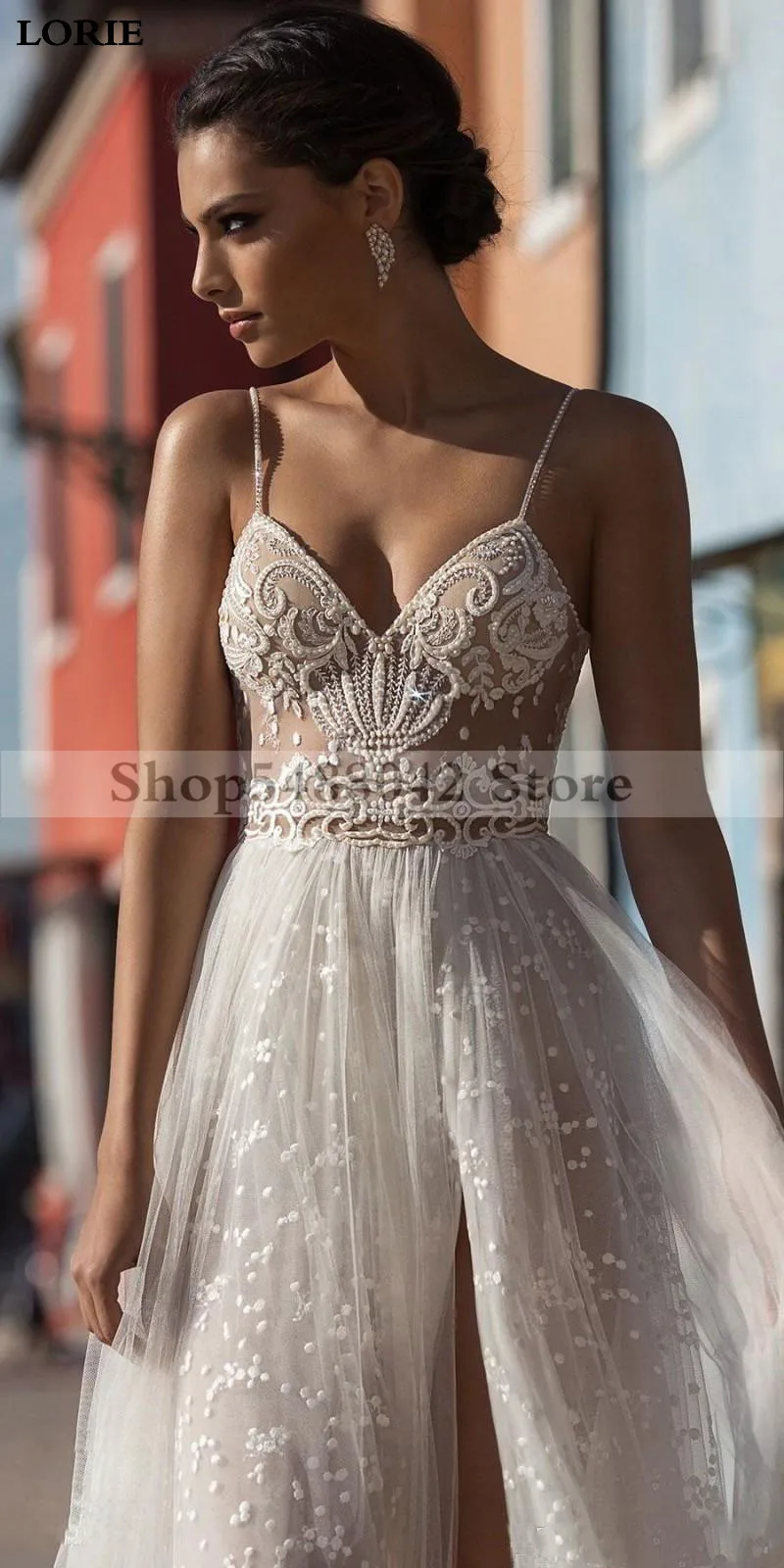 Лори Кружева свадебное платье Спагетти ремни невесты платье Vestidos de novia Сторона Сплит Кружева сексуальные Бохо невесты свадебные платья