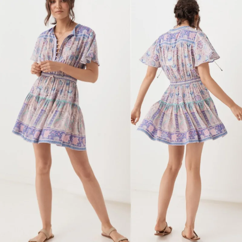 

Summer Vacation Style Lilac Printed Buckle Dress Drawstring Lace Waist Hugging Small Bell Decoration Short Skirt Women's