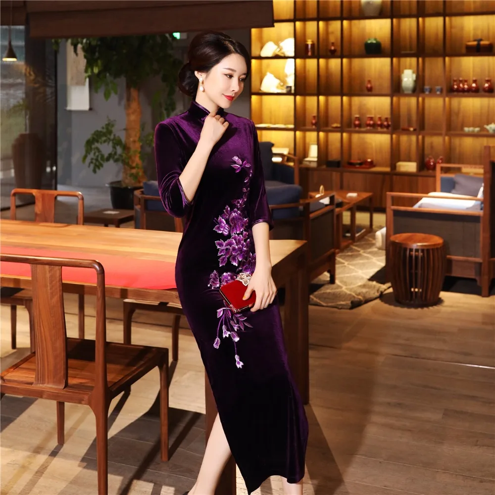 Шанхай история бархат Cheongsam китайское платье вышивка Qipao длинное