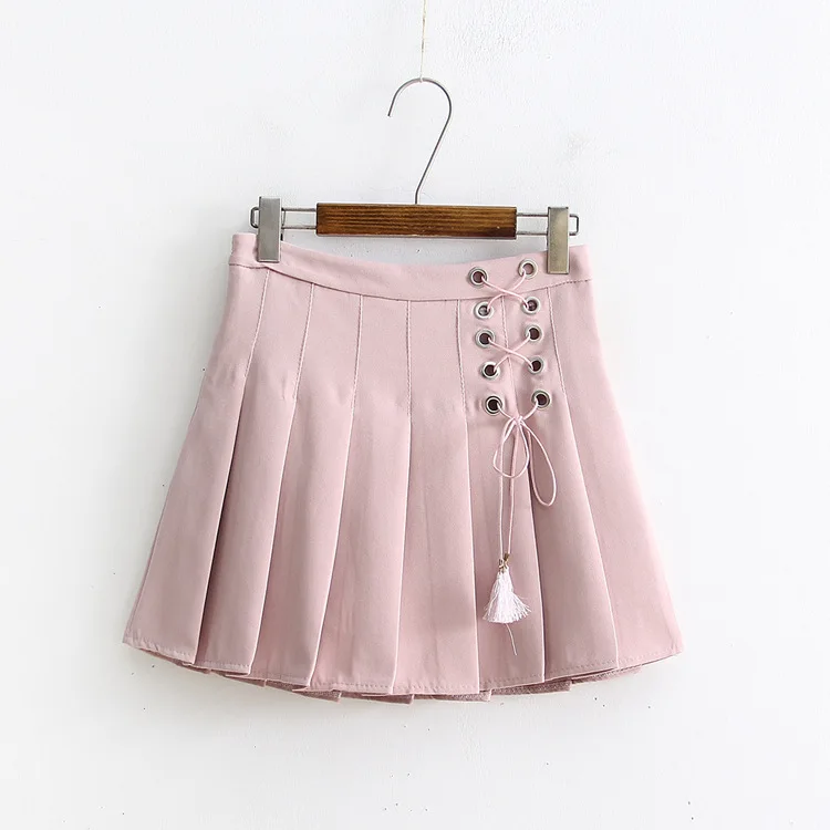 

Spring Versatile CHIC Sweet Students High-waisted Pleated Skirt Tassels Lace-up Skirt Short Skirt Women's S26116