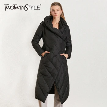 

TWOTWINSTYLE Irregular Women's Cotton Coats Hooded Collar Long Sleeve High Waist Asymmetrical Parkas Female 2020 Fashion Clothes