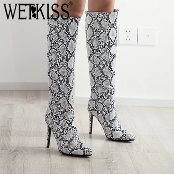 

WETKISS Snake Skin Pu Boots Women Knee High Boot Female Sexy High Heels Shoes Ladies Pointed Toe Party Shoes Women Winter 2020