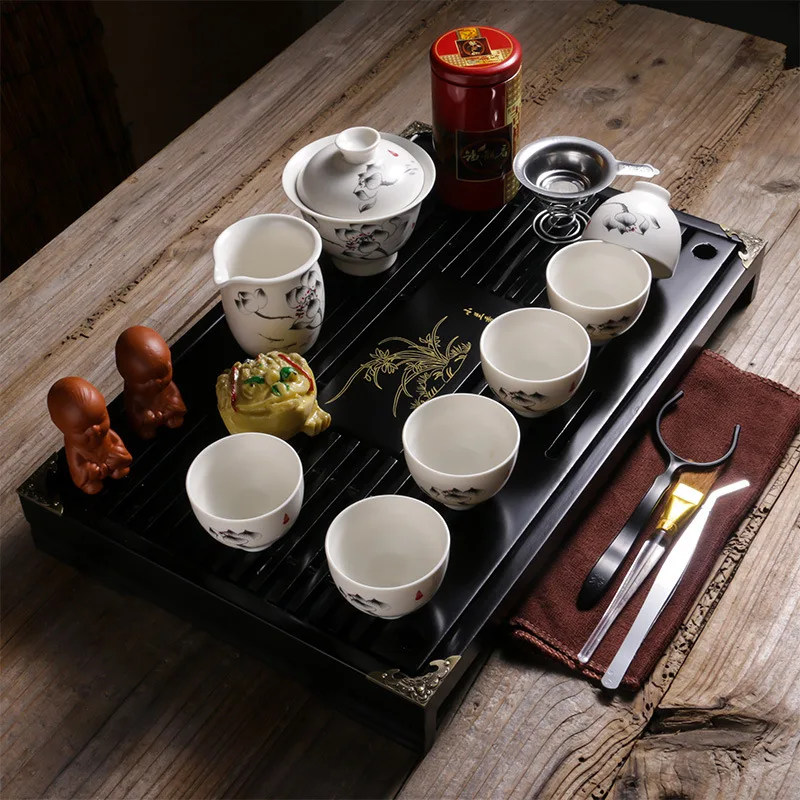 

Tea Set Small Orchid Whole Set Four-in-One Solid Wood Tea Tray Kung Fu Clay Whole Set Tea Ceremony Ice Crack Gift on Behalf
