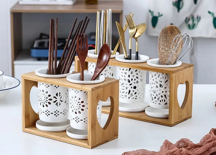 Ceramic Chopstick Holder Household Drain Storage Rack Chopstick Cage Hollow Design Wooden Shelf Kitchen Supplies Household Tools