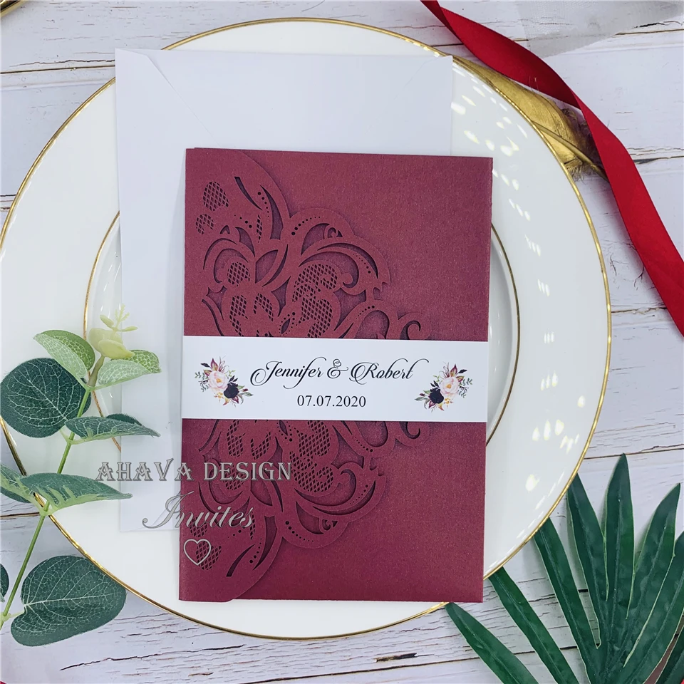 

Gorgeous Burgundy Tri-fold Laser Cut Wedding Invites With Belly Band, Free Design