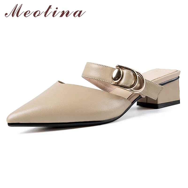 

Meotina High Heels Women Pumps Natural Genuine Leather Block Heels Mules Shoes Cow Leather Buckle Pointed Toe Shoes Lady Size 39