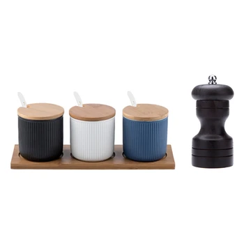 

1 Set Glaze Ceramic Spice Jars Kitchen Seasoning Bottles Sets with Seal Cover Tray-Black & 1Pcs 4 Inch Pepper Spice Mill Shaker