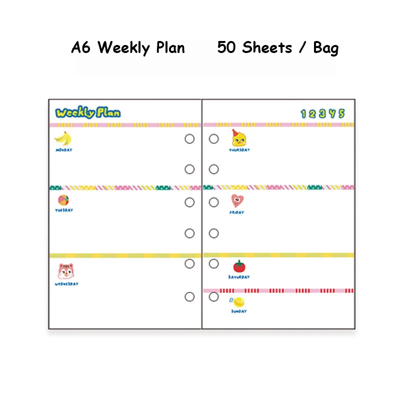 A6 Weekly Plan Kawaii A5 A6 A7 записная книжка запасной 6 колец планировщик Органайзер журнал Weeky ежемесячный блокнот сетка пустая линия Основные аксессуары комплект - Цвет: A6 Weekly Plan