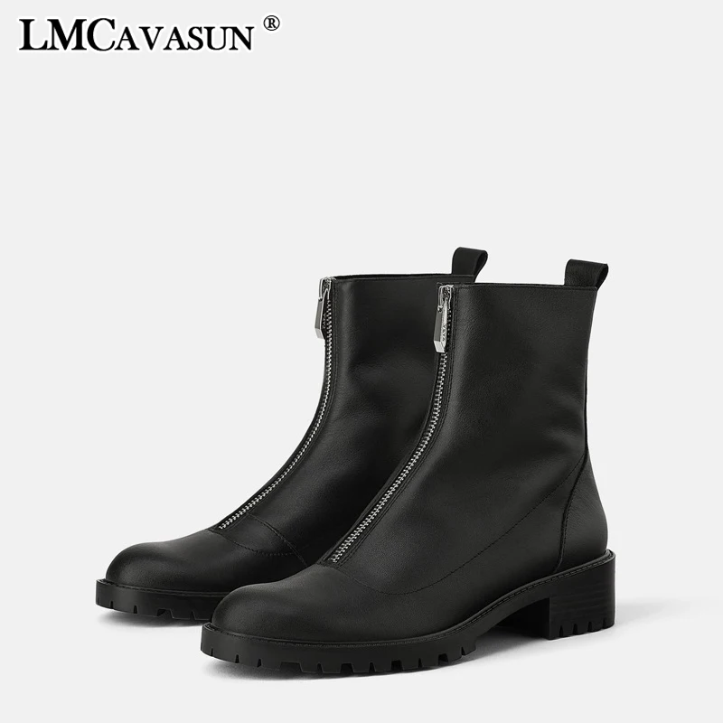 

LMCAVASUN Fashion Soft Leather Ankle Boots for Women New Autumn Winter Front Zipper Thick High Heels single Booties Botas Mujer