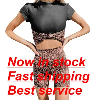 

Women Leopard Print Round Neck Short Sleeve Crop Top Pants Summer Outfit 2 Pieces Casual Suit