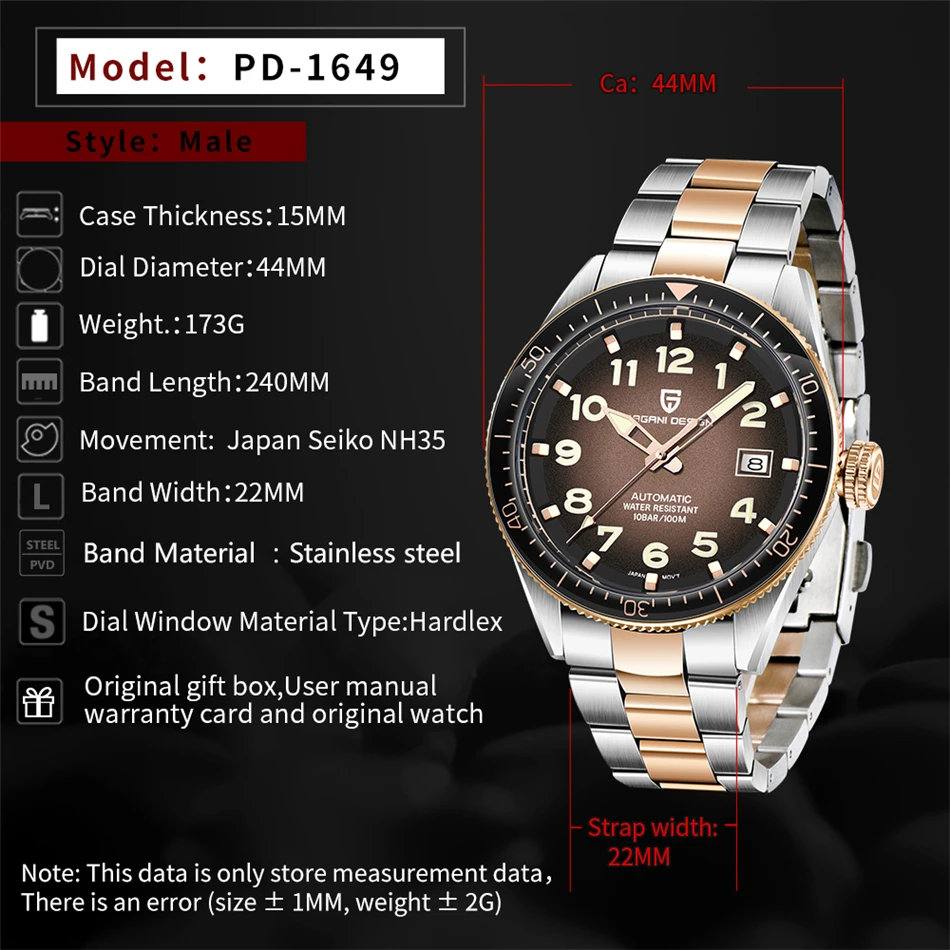 PAGANI DESIGN Luxury Men's Mechanical Wristwatch Top Brand NH35A Movement Blue Automatic 100M Waterproof Watch Relogio Masculino