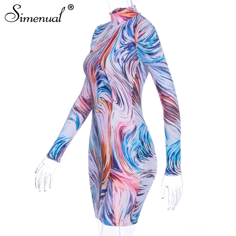Simenual Fashion Printed Bodycon Women Mini Dress Party Sexy Skinny Clubwear Long Sleeve 2020 Spring Dresses Basic Slim Female