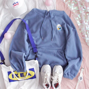 

Winter New Women Plus velvet Hoodie Sweatshirt Teen girls Loose Student Harajuku Style Cute Cartoon Embroidery Pullover Tops