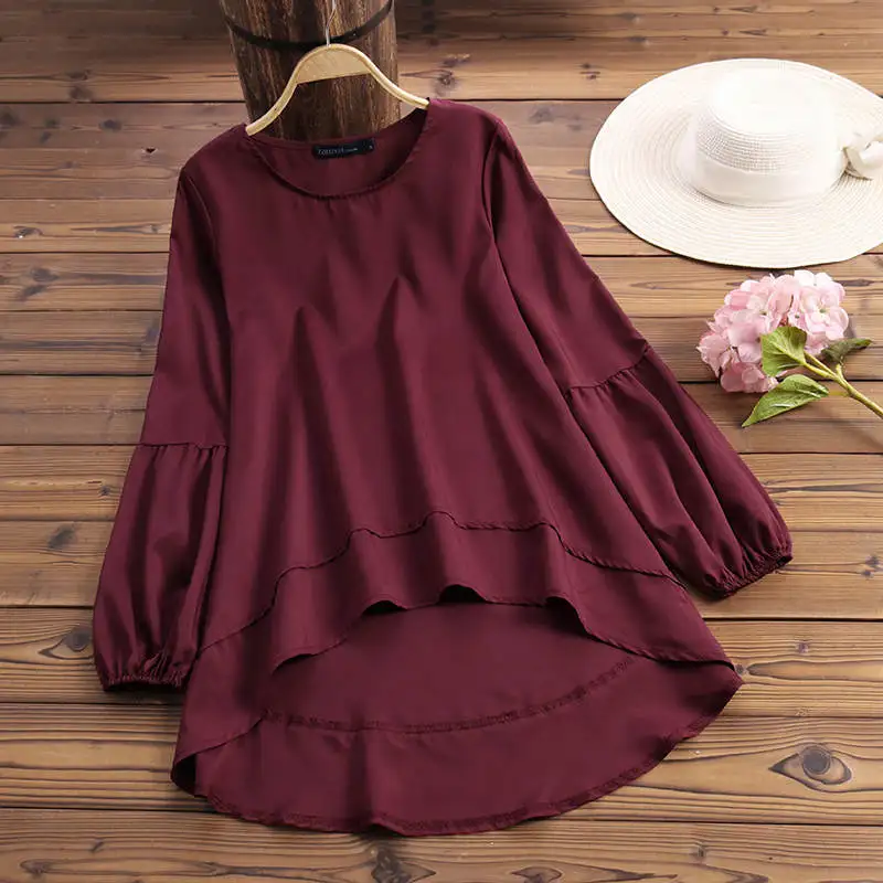 ZANZEA размера плюс, женская блузка, рубашка с длинным рукавом-фонариком, Женская однотонная Асимметричная рубашка, Женская Повседневная Свободная рубашка - Цвет: Wine Red