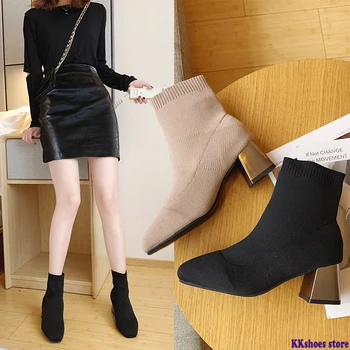 

2020 Fashion Ankle Elastic Sock Boots Chunky High Heels Stretch Women Autumn Sexy Booties Pointed Toe Women Pump Size 40