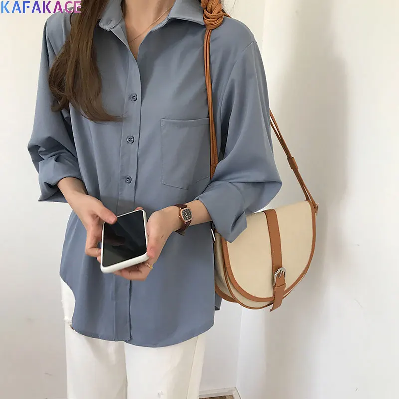 

KAFAKACE 2020 Chiffon Blouses Shirts Women Blue Solid Shirts Autumn Lady Shirts Elegant Loose Vintage Blouse Fashion Clothing