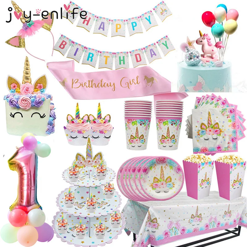 Rainbow Unicorn Tableware Balloon Girls Birthday Party Baby Shower Pink Decor 