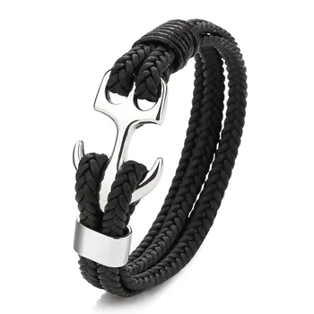 European And American Men's Titanium Steel Bracelet Black Leather Woven Anchor Stainless Steel Bracelet Leather Rope