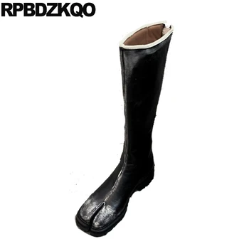 

long tall women ankle boots medium heel shoes genuine leather split toe black knee high autumn fall short luxury chunky trend